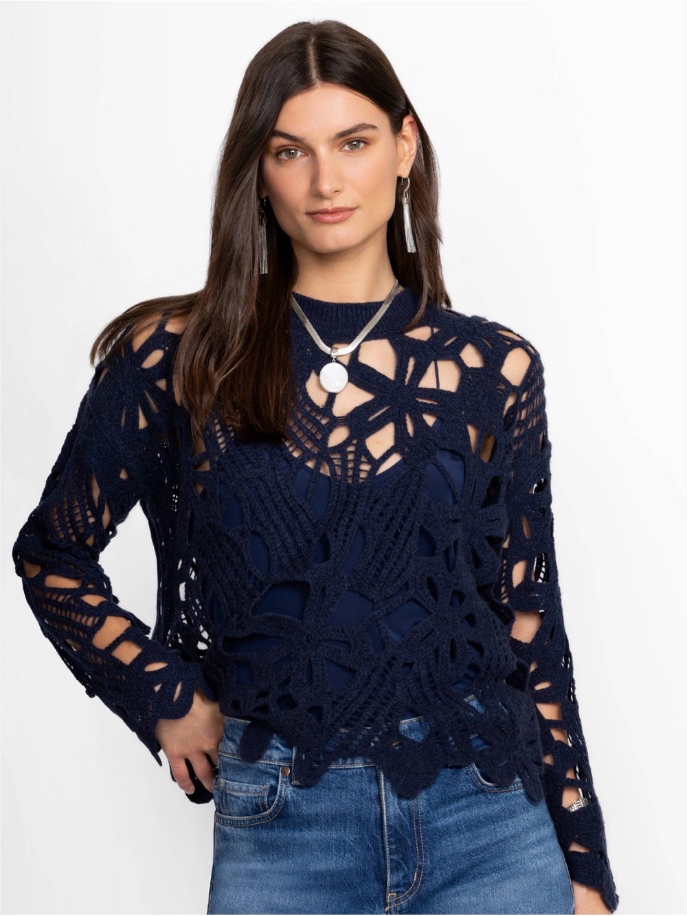 Johnny Was Navy Wool Cashmere Crochet Openwork Sweater Top